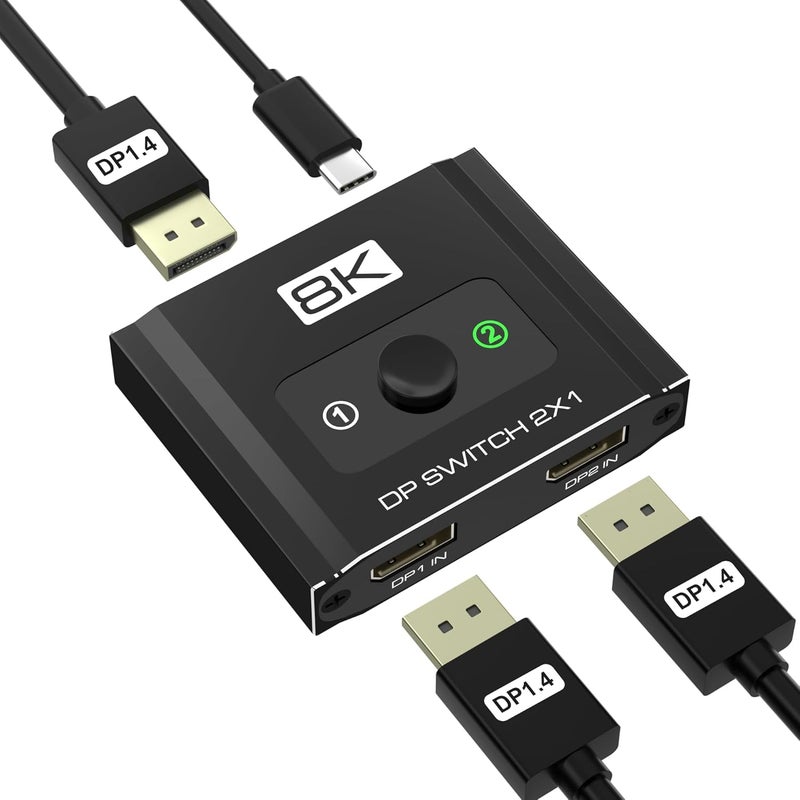 Closs DisplayPort Switch 2 in 1 Out, 8K@60Hz DP 1.4 Switcher Selector Box, Unidirectional Display Port Switcher for Dual PCs & Gaming Consoles, 4K@144Hz DP Switch with DSC Support (DP Cables Not Included) - Image 1
